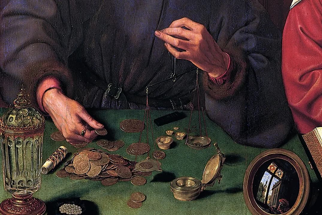 Detail of The Moneylender and His Wife by Quentin Metsys: a banker weighing gold coins on a small scale.