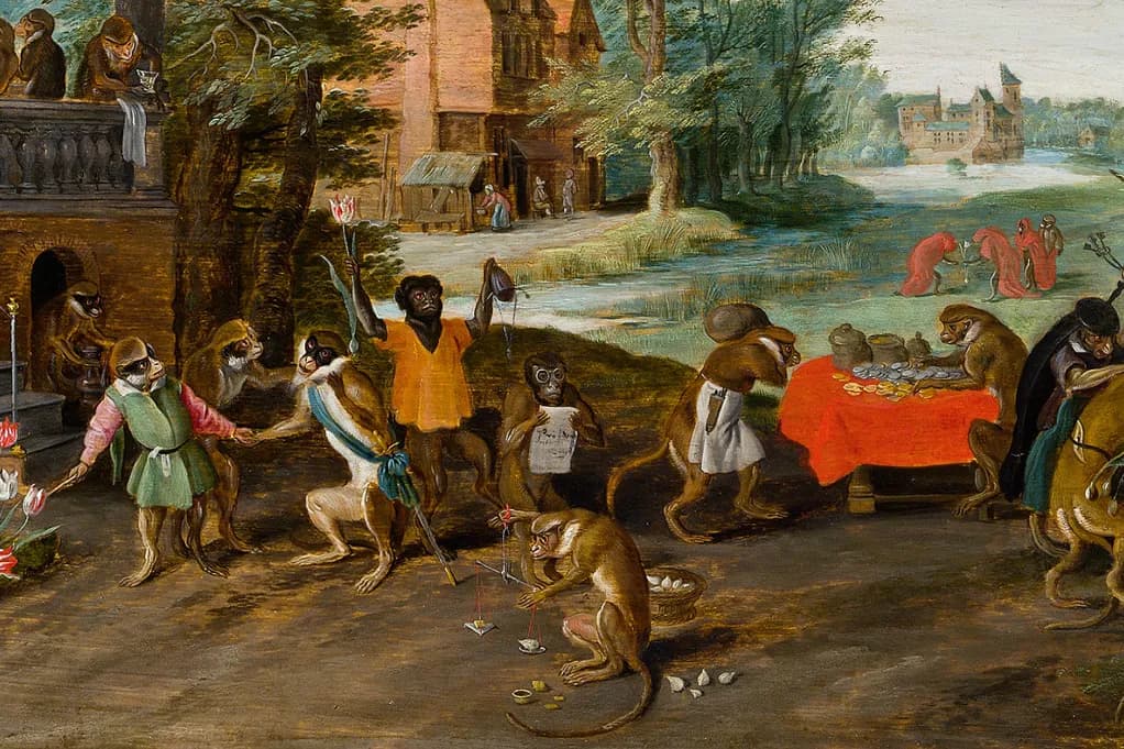 Detail of Allegory of Tulip Mania by Jan Brueghel the Younger: monkeys dressed as merchants trading tulips and coins.